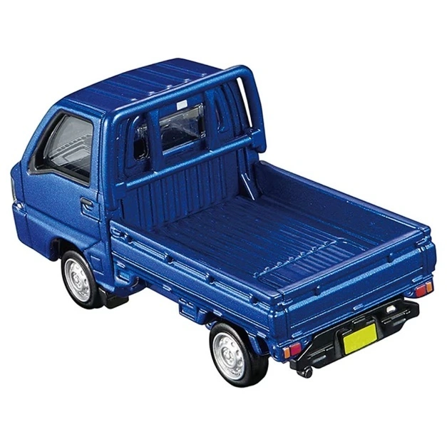  Blue toy pickup truck with a flatbed, rear view.