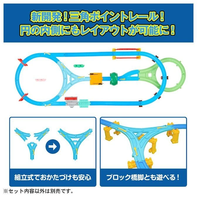  Toy train track set with blue and green tracks, including a triangular point switch and bridge supports.
