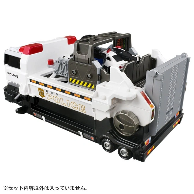  Toy police carrier truck with car. White and black with red lights. Ramp is down.