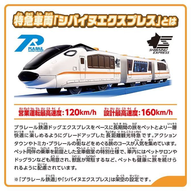  A promotional image for the "Shiba Inu Express" train, a fictional high-speed train designed for pets and their owners. The image features a sleek, white train with orange accents and the "Shiba Inu Express" logo. Text in Japanese describes the train's features, including private compartments, a pet salon, and a dog run. The train's operating speed is listed as 120 km/h, and its design speed is 160 km/h.