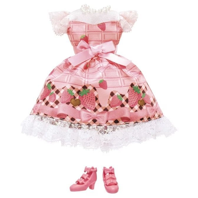 Strawberry-themed doll dress with matching pink shoes. Cute and playful design.