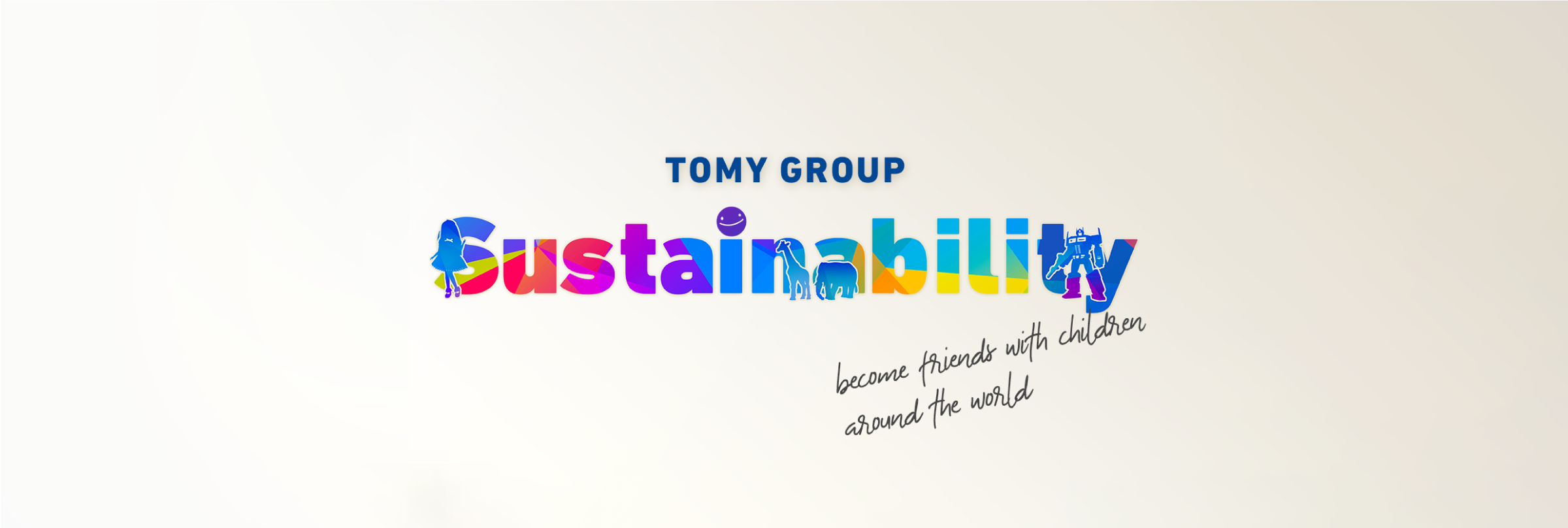TOMY Group Sustainability banner with colourful text and global children message.