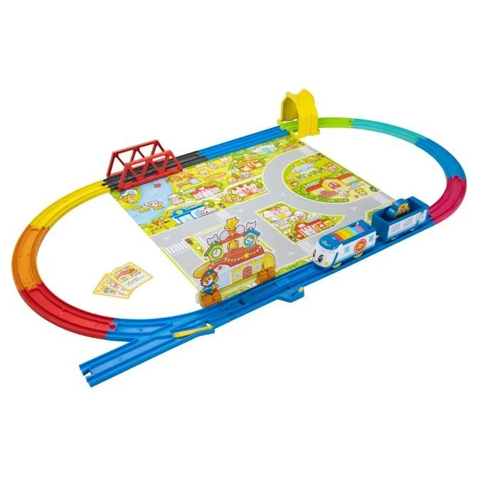  Toy train set with colorful tracks, a town playmat, and a cartoon train.