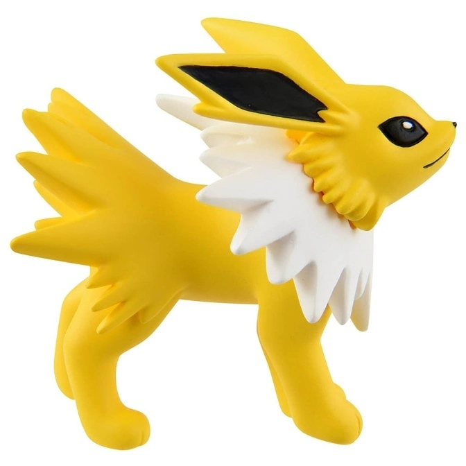  Yellow Jolteon toy with white spiky collar, black eyes and ears, standing.