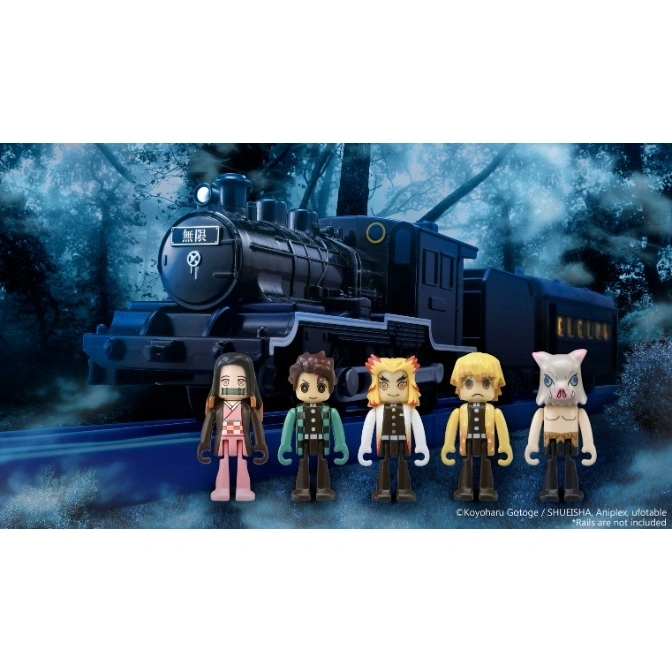  Demon Slayer train set with Nezuko, Tanjiro, Rengoku, Zenitsu, and Inosuke figures.
