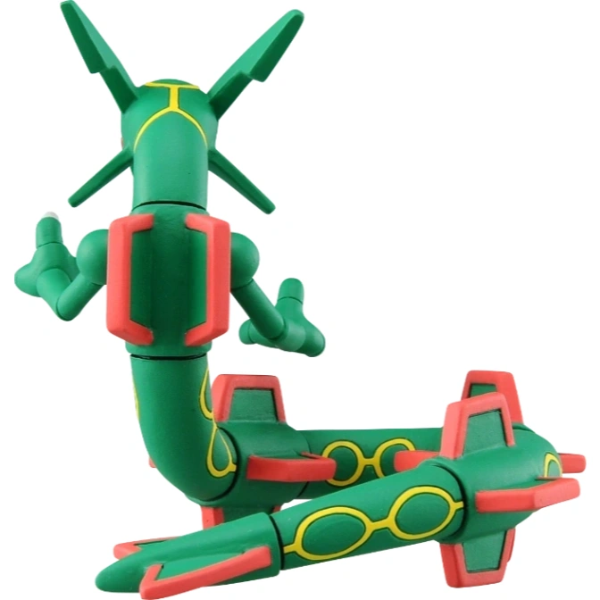  Green Rayquaza toy figure with red and yellow accents, posed in a dynamic, serpentine shape.
