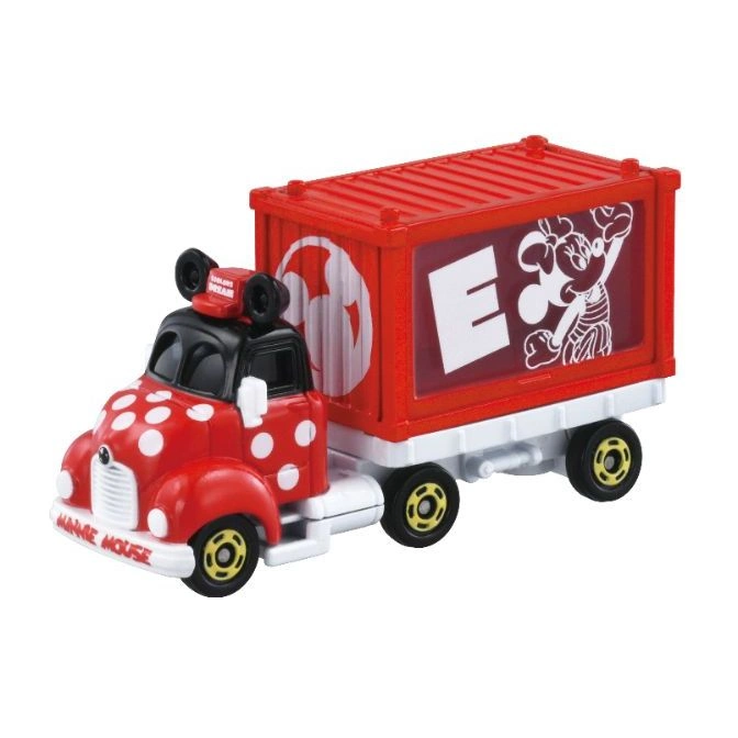 Minnie Mouse toy truck with red polka dots and a container featuring Minnie's image.