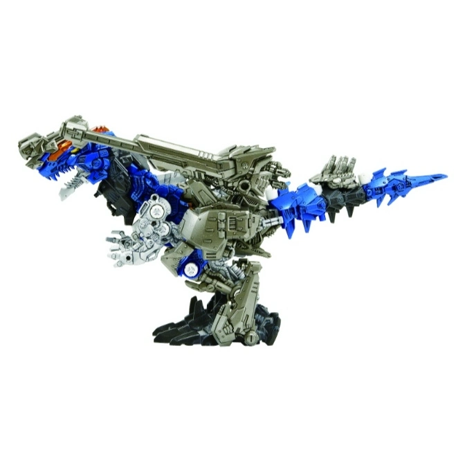  Blue and grey Zoids dinosaur toy with mechanical details, standing upright.