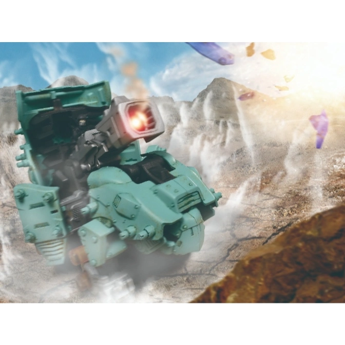  Green mech toy with missile launcher in a mountainous setting, possibly firing.