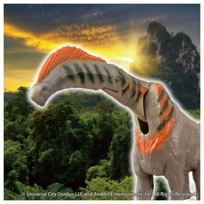  Dimetrodon toy with orange fin and striped neck against a jungle backdrop.