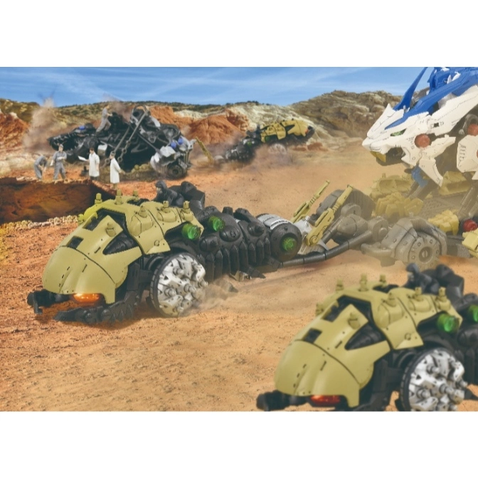  Zoids toy scorpion vehicle with tan armor and black body, in a desert scene with other Zoids.