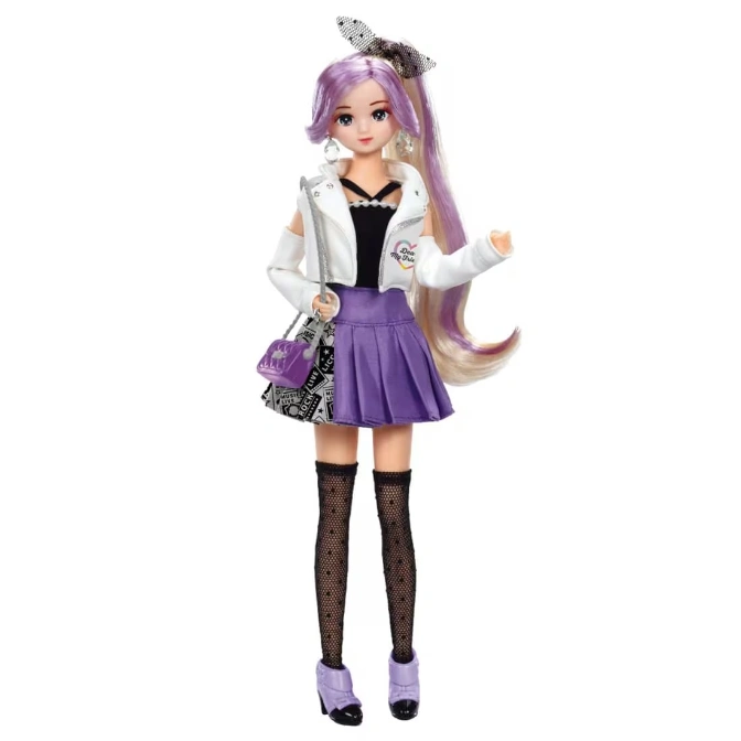 Doll with purple hair, white jacket, black top, purple skirt, patterned bag, black stockings, and purple shoes.