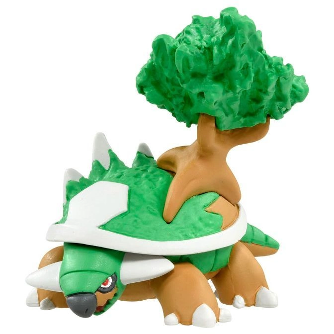 Torterra toy figure with a tree on its back, green shell, and brown legs.