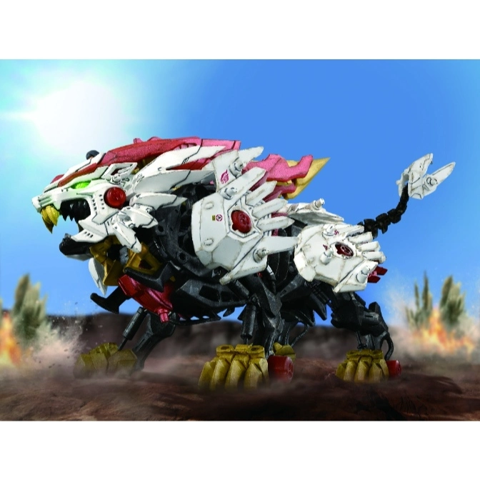  Zoid Liger toy with red, white, and gold armor, posed on a brown surface.