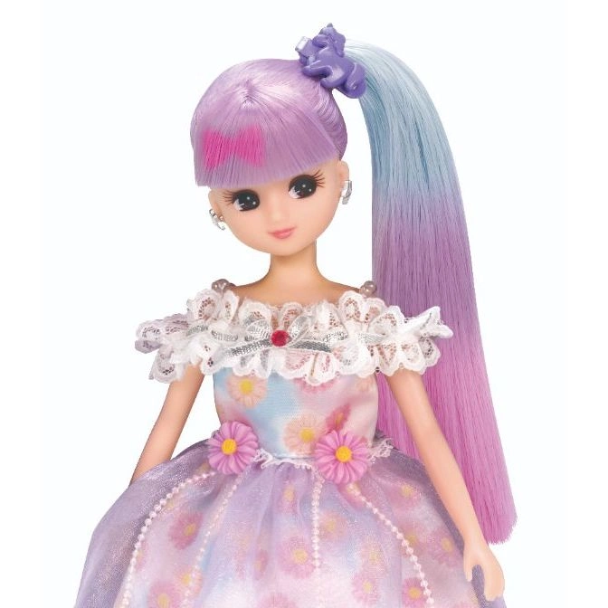  Doll with purple and blue hair, wearing a floral dress with lace and flower accents.