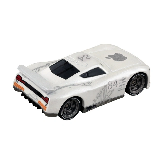  White toy race car with Apple logo and number 84 graphics.