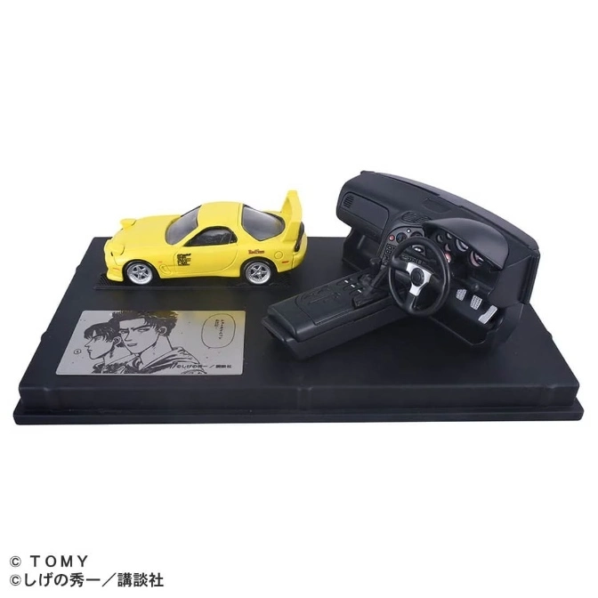  Yellow RX-7 model car with interior display on a black base, Initial D collectible.