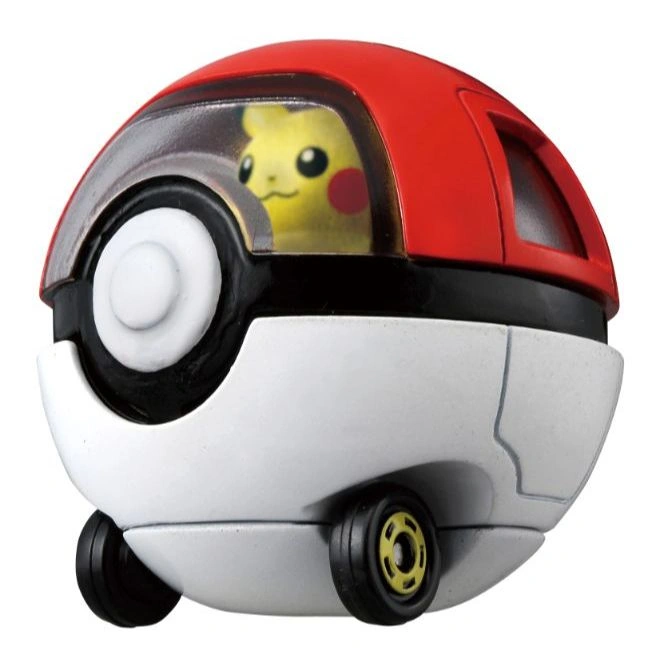 Pikachu driving a Poké Ball car toy with red and white design and black wheels.