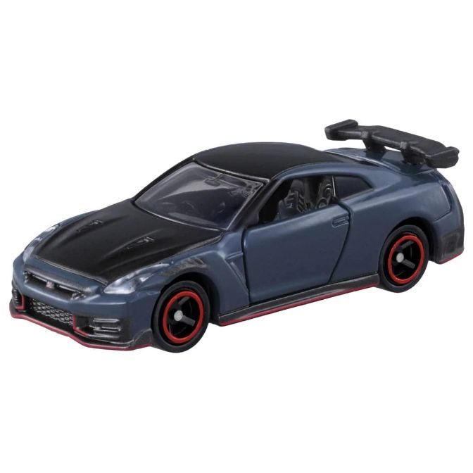 Blue toy Nissan GT-R with black hood and spoiler, red-rimmed wheels.