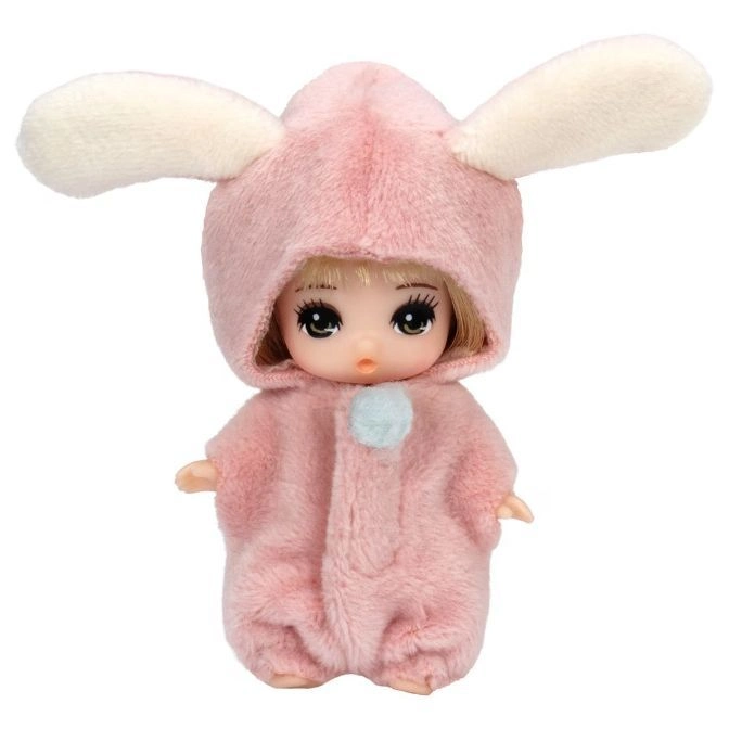 Pink bunny doll with blonde hair and big eyes.