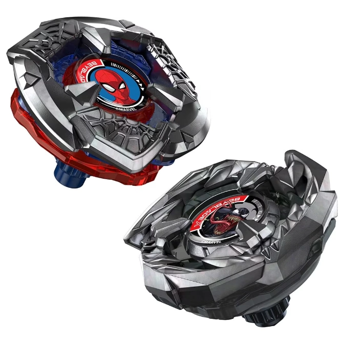  Two Spider-Man Beyblades, one red and blue, the other silver and black.