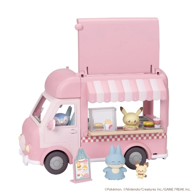 Pink Pokémon food truck toy with Pikachu, Munchlax, and Piplup figures, plus menu board.