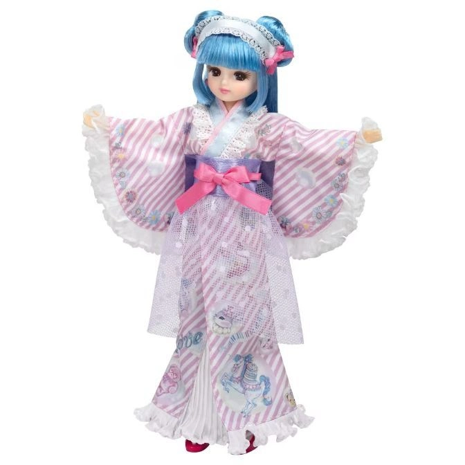  Blue-haired doll in pink striped kimono with unicorn and floral details, white lace trim, and pink bow.