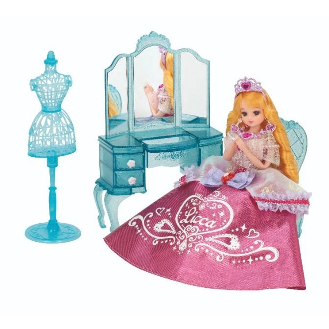  Licca doll with vanity and dress form. Doll wears a crown and pink gown.
