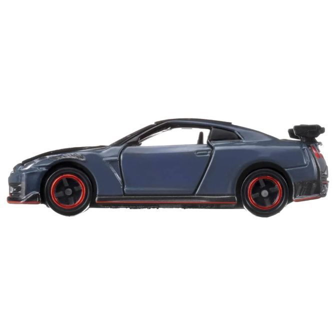  Blue toy Nissan GT-R with red-rimmed wheels and a spoiler.