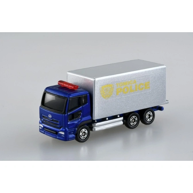  Blue Tomica police truck with silver cargo container and red light bar.