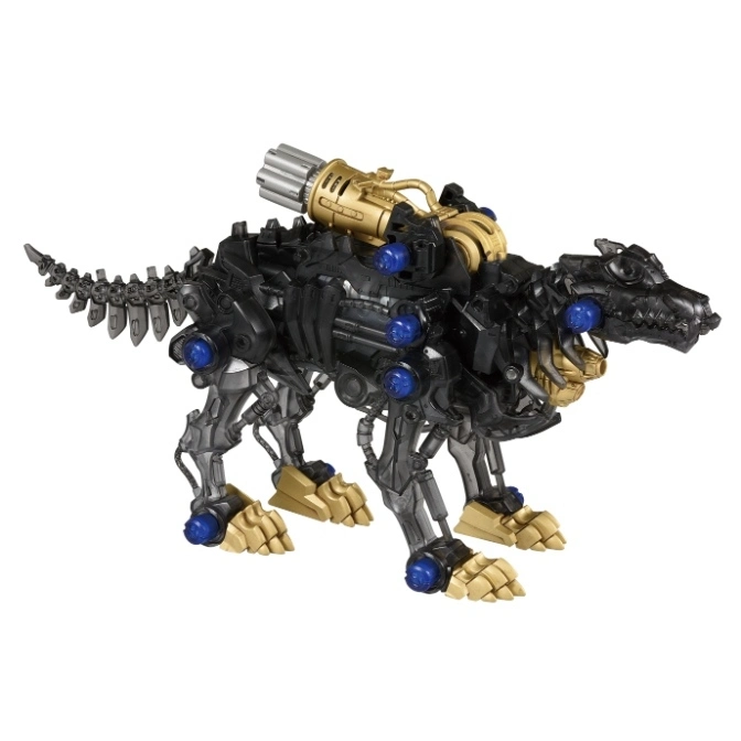  Black Zoids Dark Wolf toy with gold accents and a Gatling gun on its back.