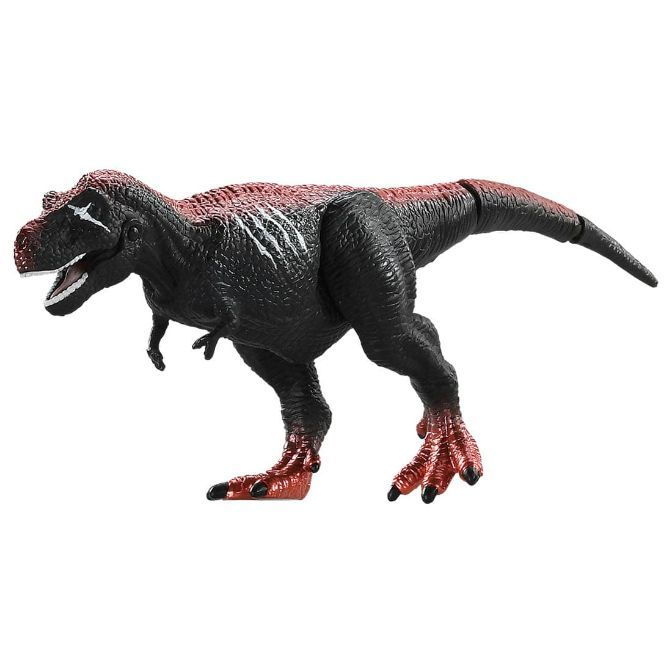  Black and red Tyrannosaurus Rex toy with white stripes.