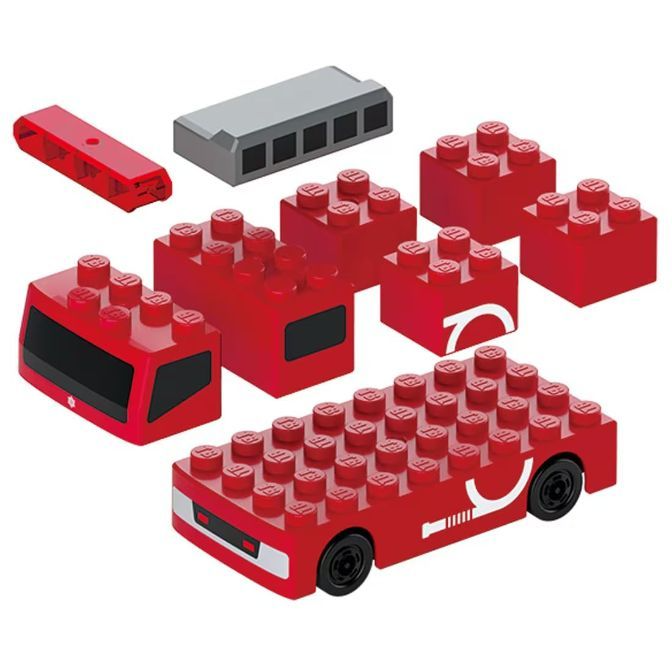  Red toy car and bus made of interlocking plastic bricks, with a gray brick.