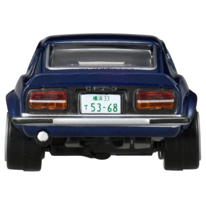  Blue toy car rear view with Japanese license plate and wide tires.