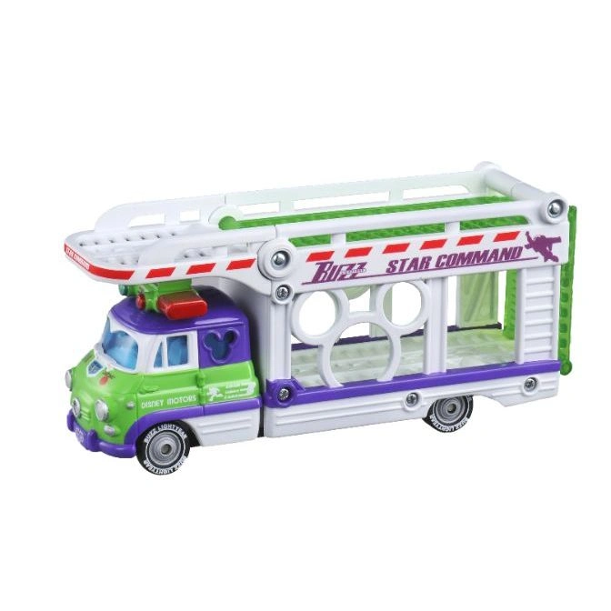 Buzz Lightyear Disney Motors car carrier toy with white and green accents.