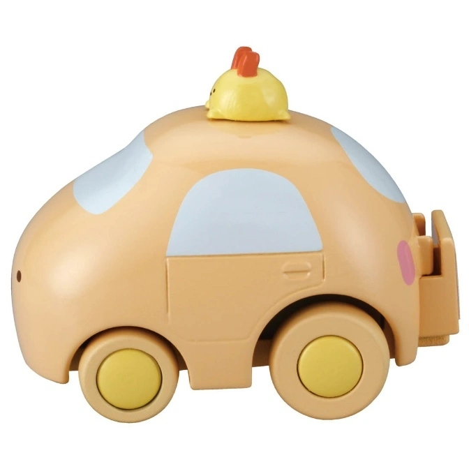  Toy car with a chicken on top. The car is beige with yellow wheels and light blue windows.