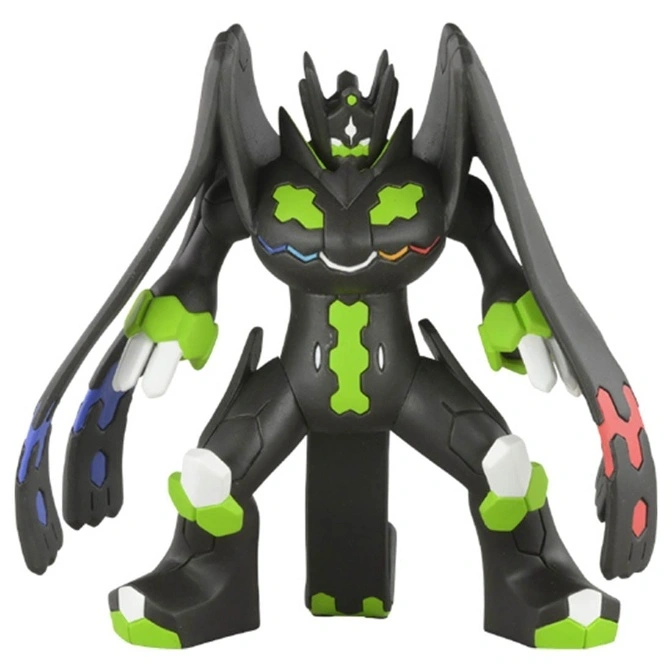 Black and green Zygarde Complete Forme toy figure with outstretched arms and colorful hand details.