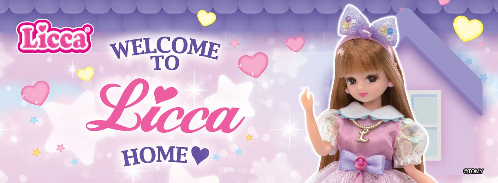 Licca promotional banner featuring a Licca doll in a pink dress with a pastel home-themed background.