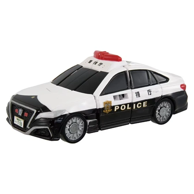  Toy police car with red light bar, black and white paint, and "POLICE" text.