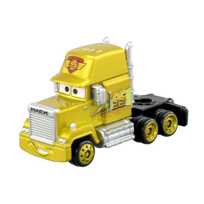 Gold Mack truck toy with Lightning McQueen's 95 logo.