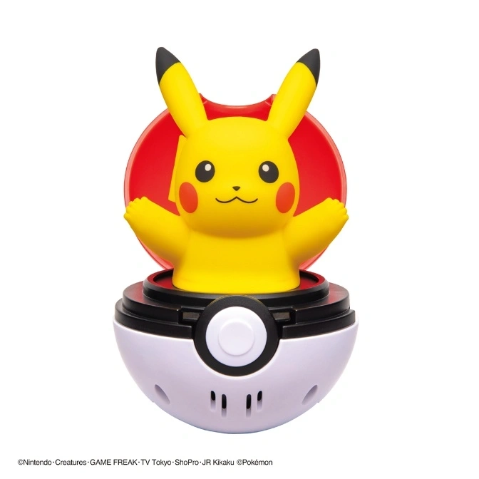 Pikachu figure popping out of a Poké Ball toy with a red background.