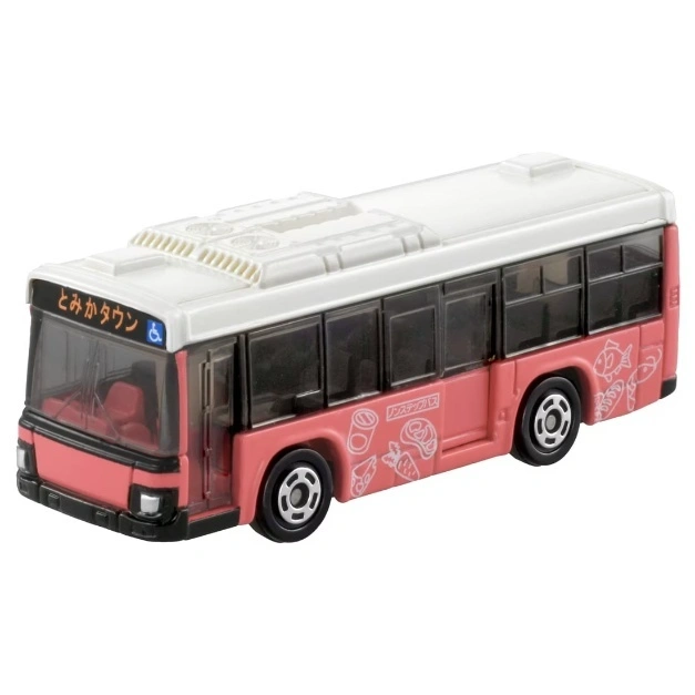  Pink and white toy bus with food illustrations and black wheels.