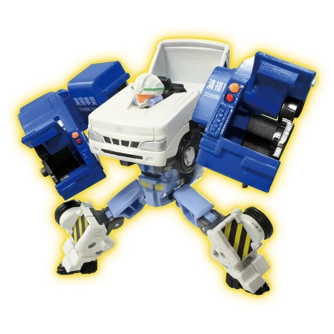 Transformer toy: white truck torso, blue arms, and white/yellow striped legs.