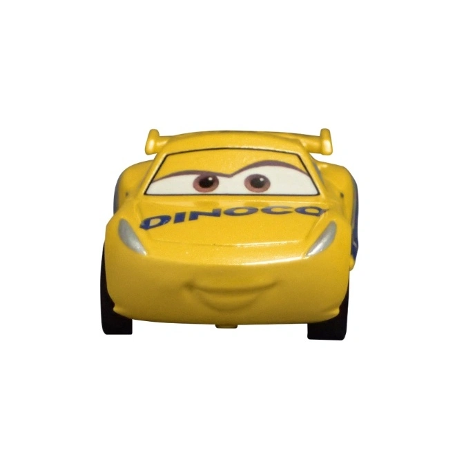  Yellow Dinoco toy car with eyes and a smiling mouth.
