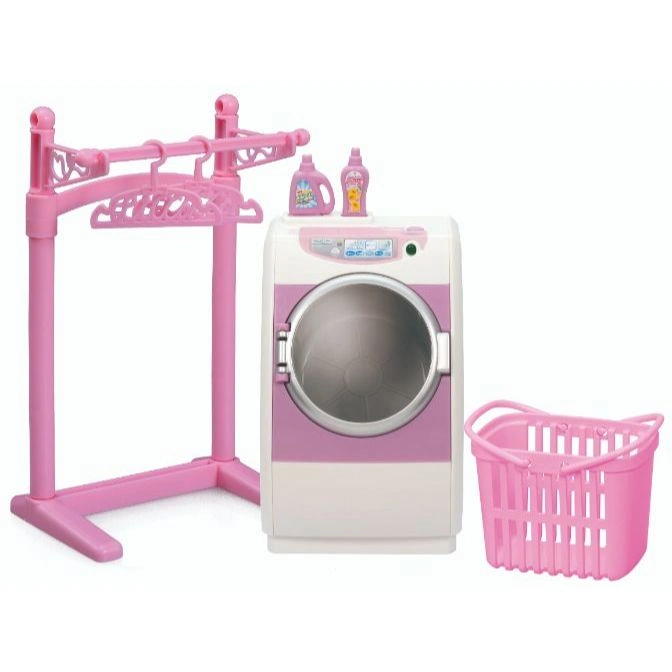  Toy laundry set with pink clothes rack, washing machine, detergent bottles, and laundry basket.