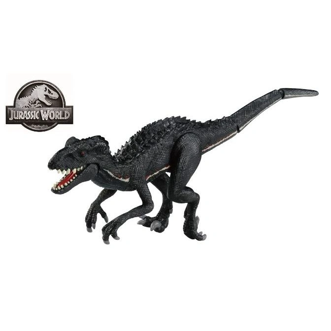 Black Indoraptor toy with red stripes, standing. Jurassic World logo visible.