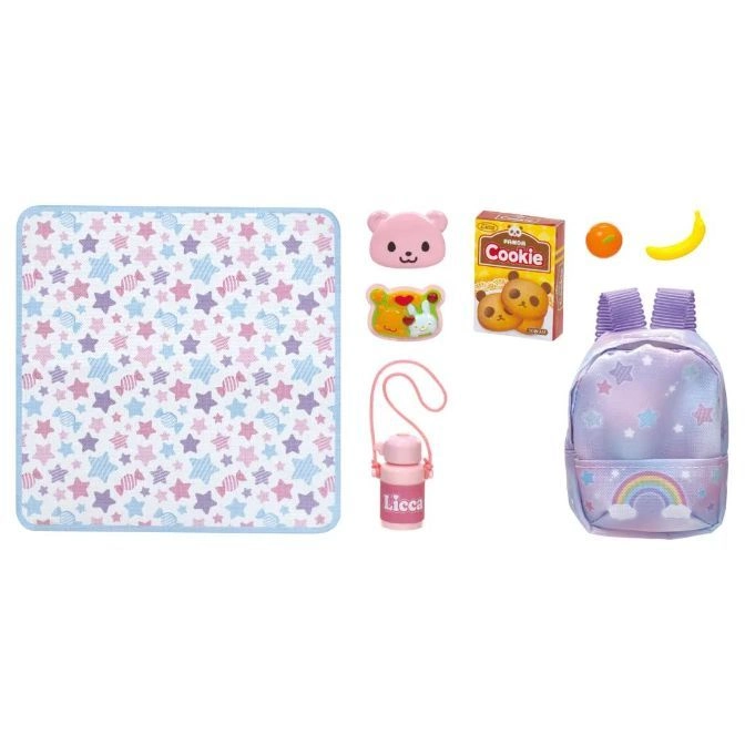 Toy set with blanket, cookies, fruit, backpack, water bottle, and bear-shaped containers.