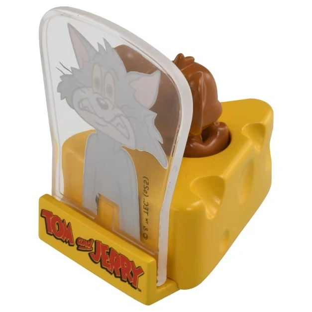  Tom and Jerry toy featuring Tom behind clear plastic and Jerry popping out of a yellow cheese block.