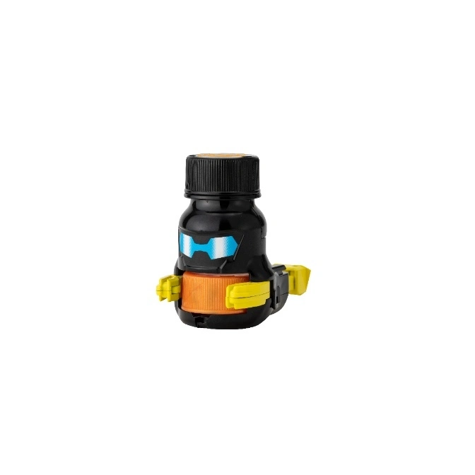  Black ninja bottle toy with blue eyes and yellow accents.