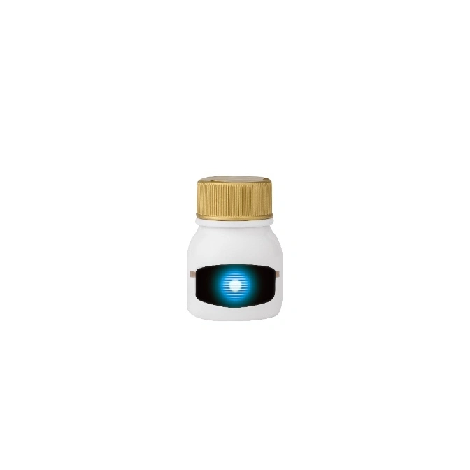  White bottle with gold cap and blue light design on label.